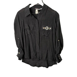 Cocomo Womens Petite L Sheer Black Button-Up Shirt Rhinestone Long‎ Sleeve